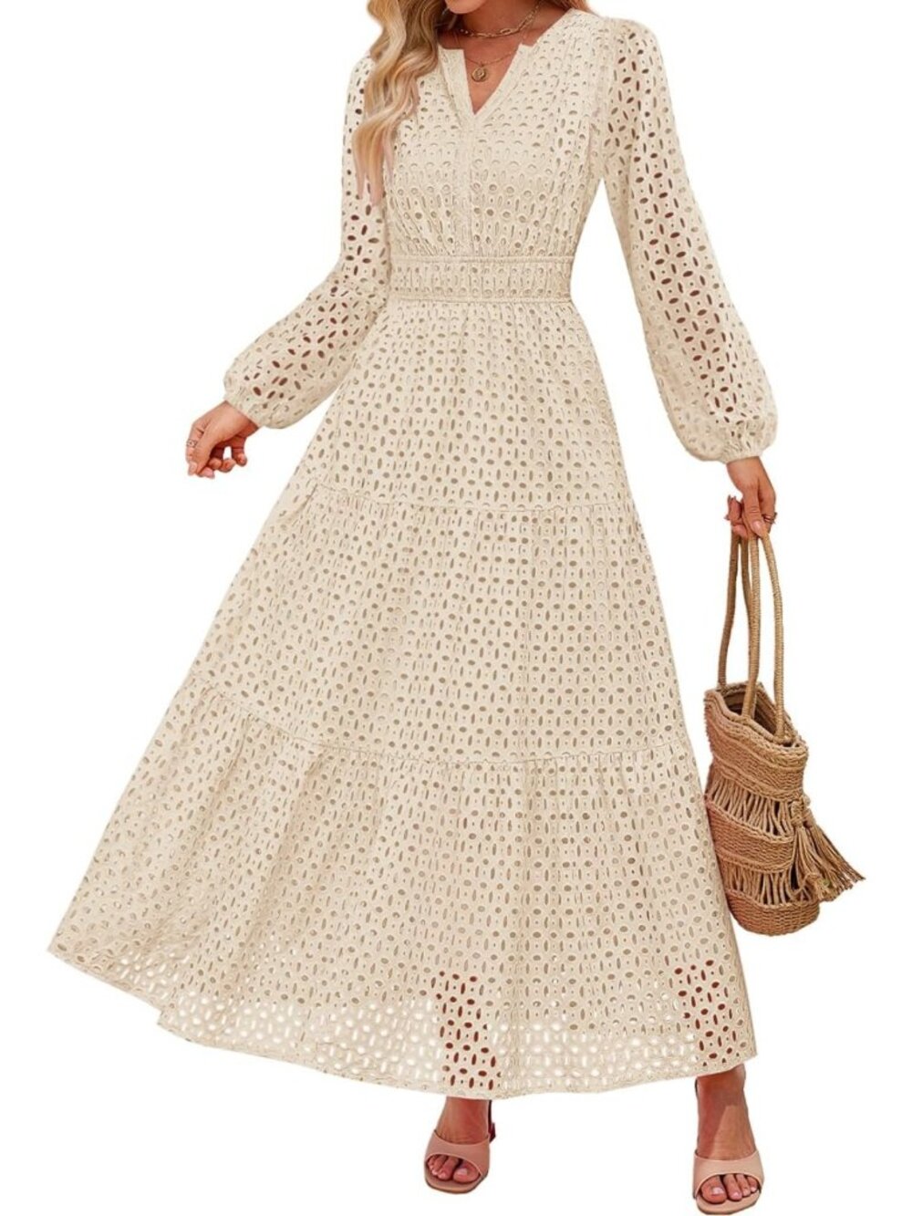 Chic Women's Long Sleeve Eyelet Maxi Dress for Fall - Perfect for Any Occasion